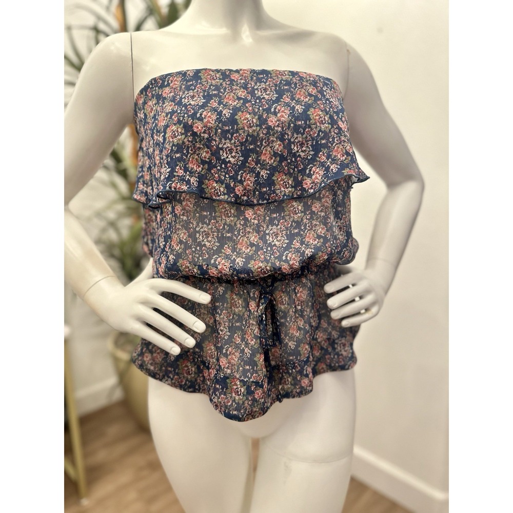 Express Strapless Top Women Sz S/M‎ Chiffon Tiered Peplum Cami Floral Semi Sheer
